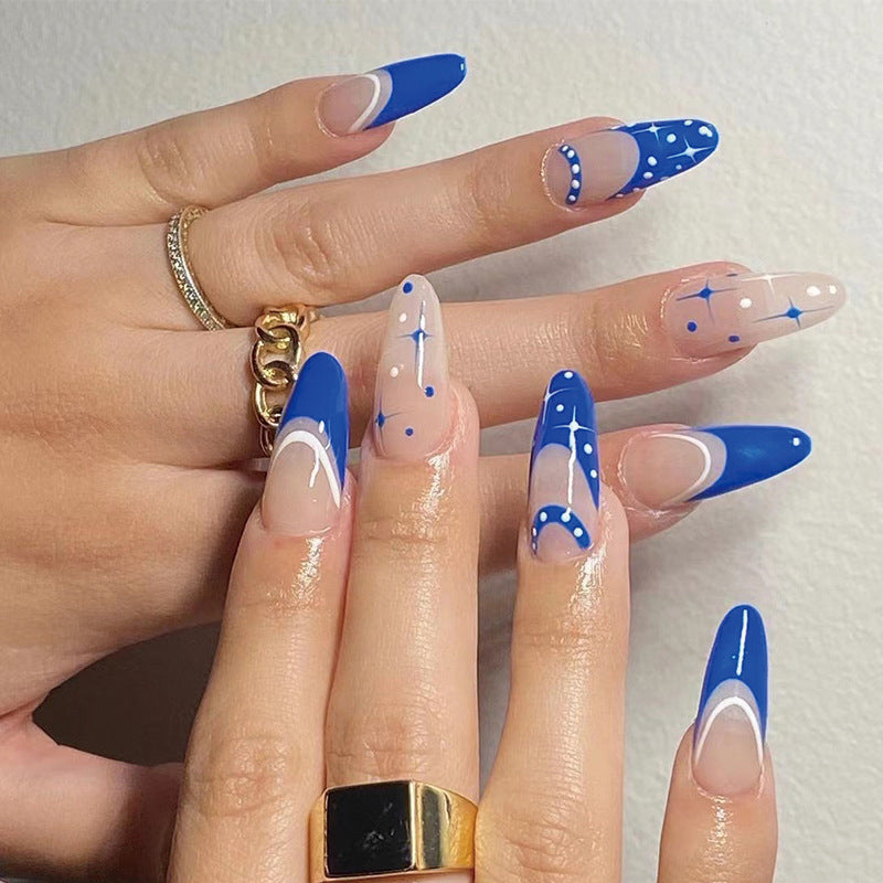StarNagel Stiletto Nägel mit French in Blau-Weiß und Sternen Glitzerpunkten