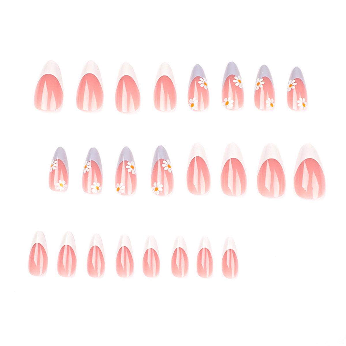 StarNagel Stiletto Nägel French Maniküre mit blauen und weißen Rändern sowie kleinen Blumen