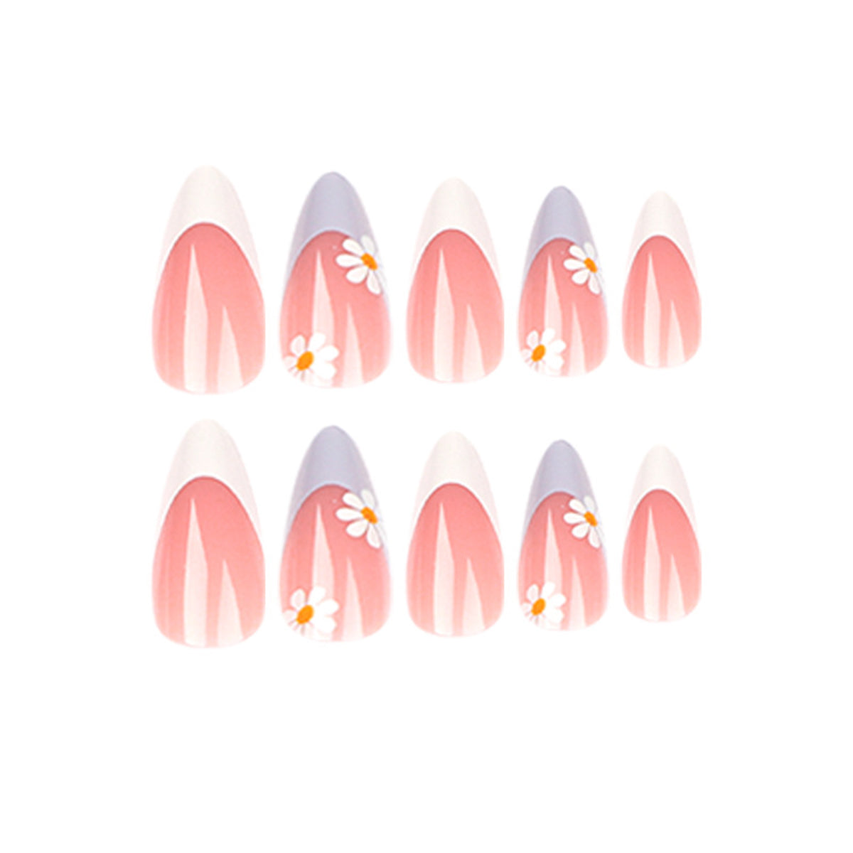 StarNagel Stiletto Nägel French Maniküre mit blauen und weißen Rändern sowie kleinen Blumen