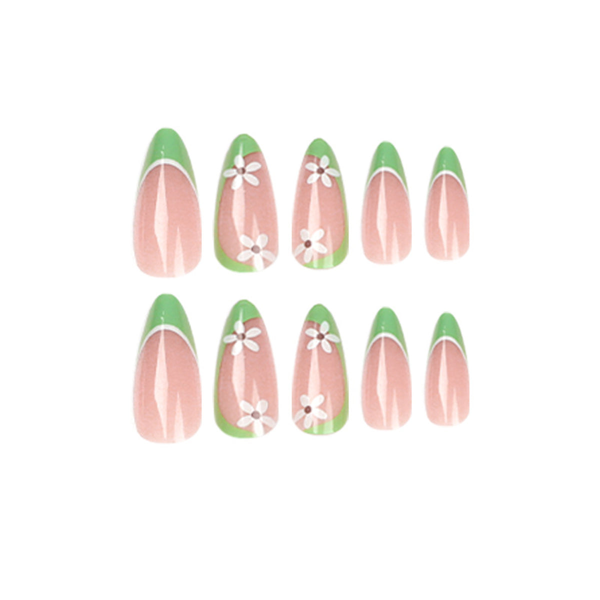 StarNagel Stiletto Nägel im French Look mit grünen und rosa Akzenten sowie kleinen Blumen