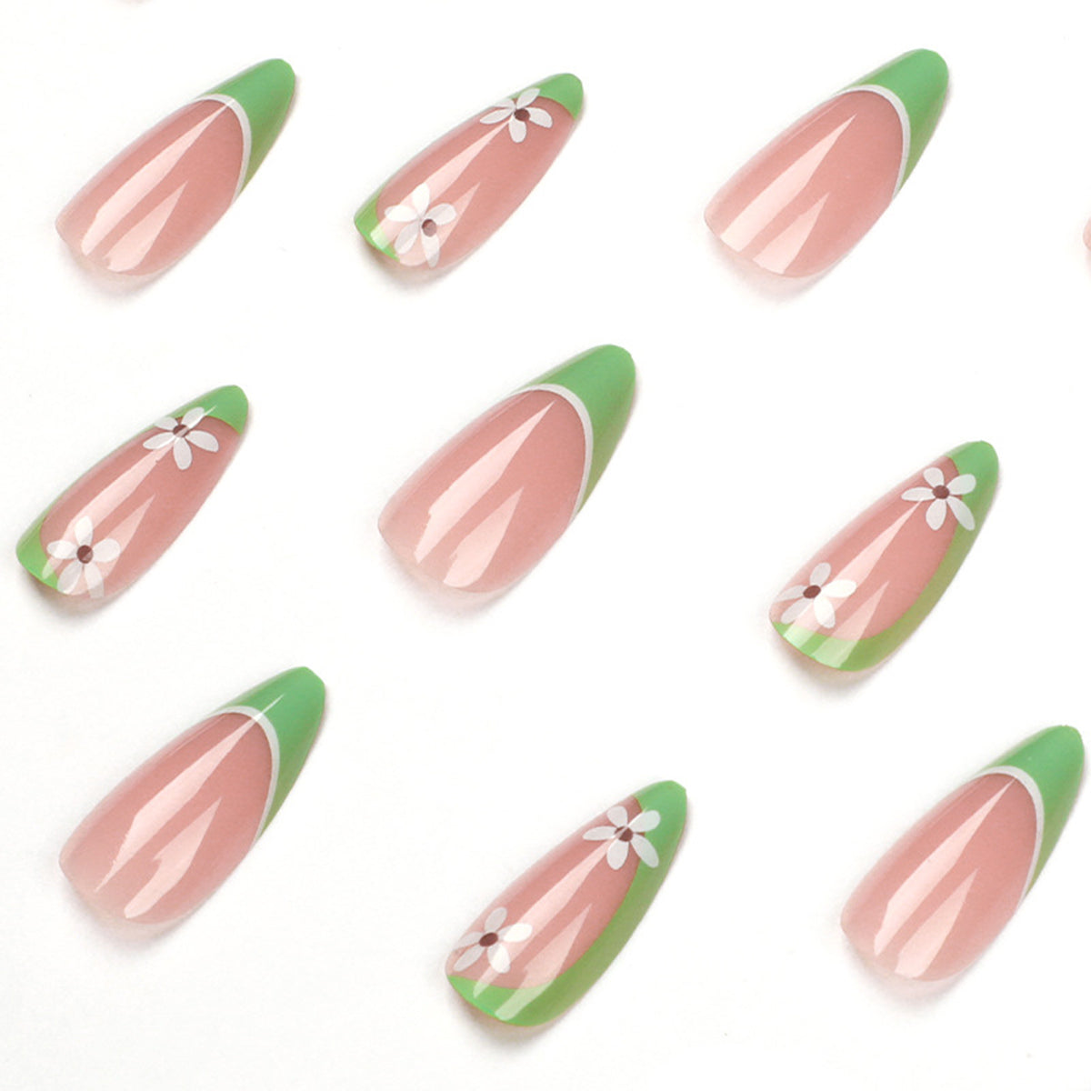 StarNagel Stiletto Nägel im French Look mit grünen und rosa Akzenten sowie kleinen Blumen