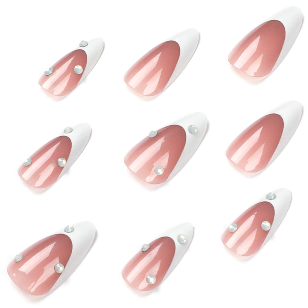 StarNagel Stiletto Nägel im French Look mit weißen Spitzen, nude Farbtönen und Strasssteinen