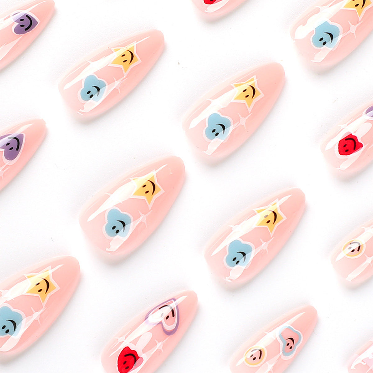 StarNagel Stiletto Nägel in Pink mit buntem Schachbrettmuster, Smileys und Herzen