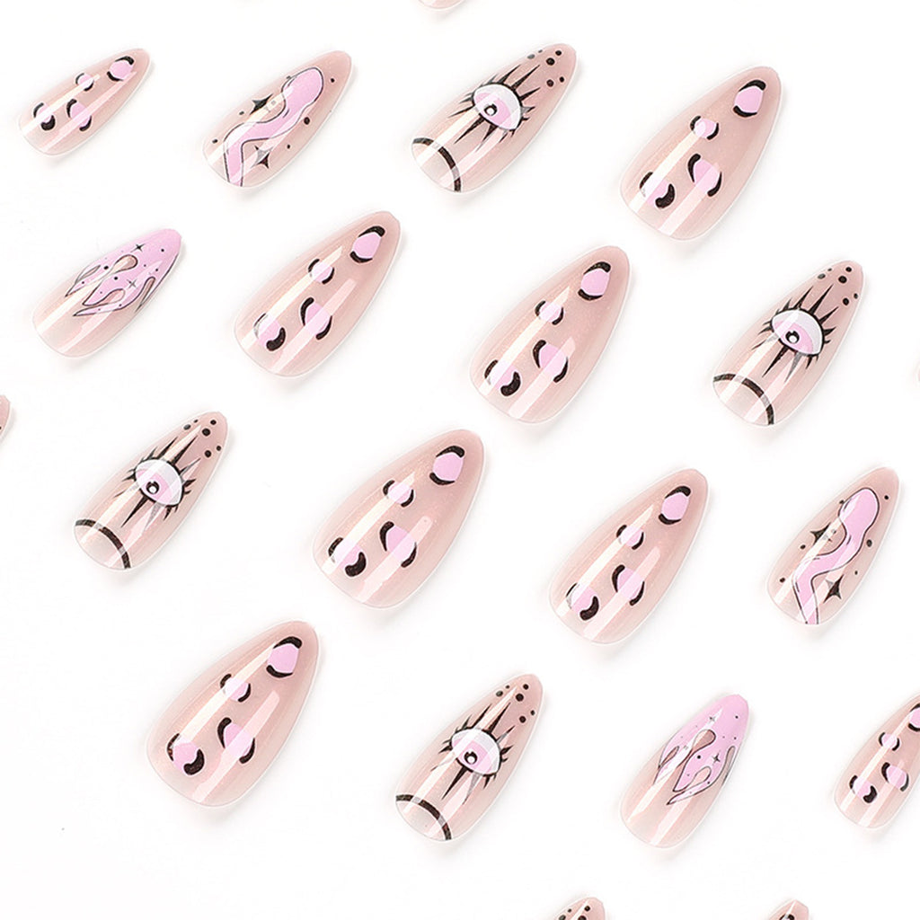 StarNagel Stiletto Nägel in Pink mit schwarzen Akzenten, kleinen Schlangen und Flammenaugen