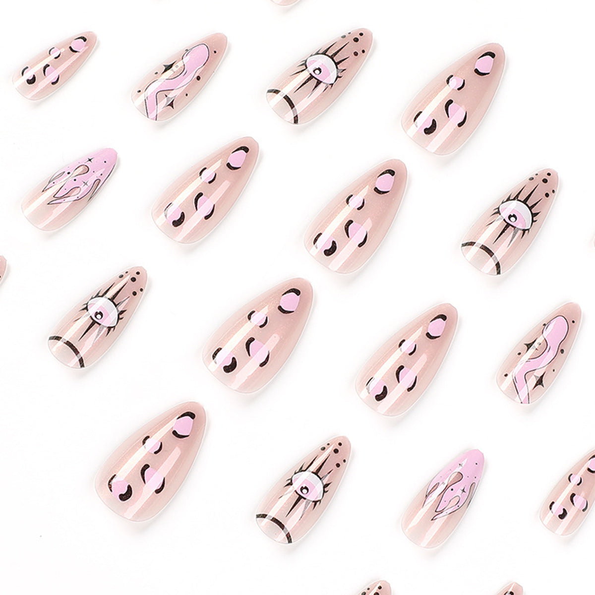 StarNagel Stiletto Nägel in Pink mit schwarzen Akzenten, kleinen Schlangen und Flammenaugen