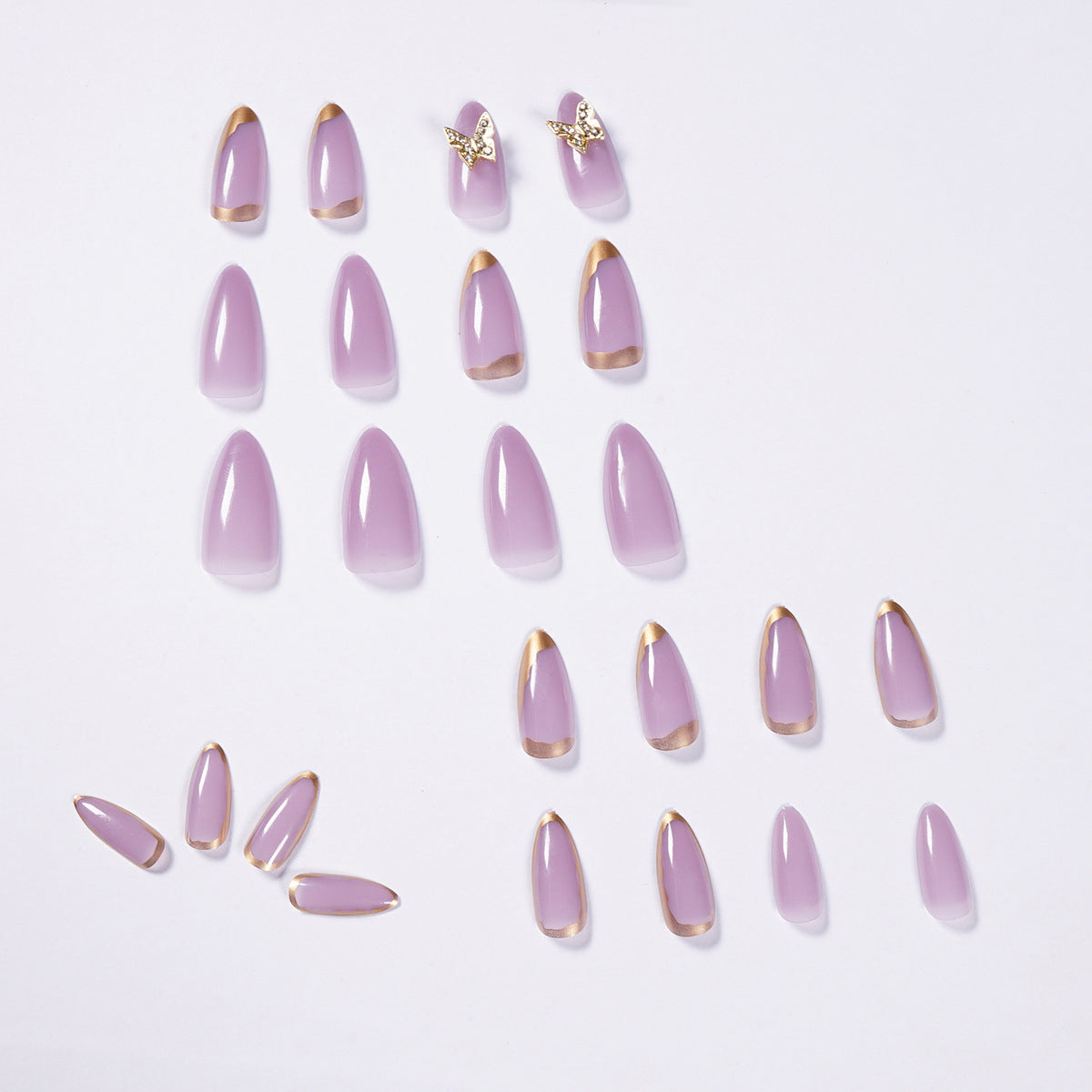 StarNagel Stiletto Nägel mit lila und goldenen Rändern sowie 3D-Schmetterlingen