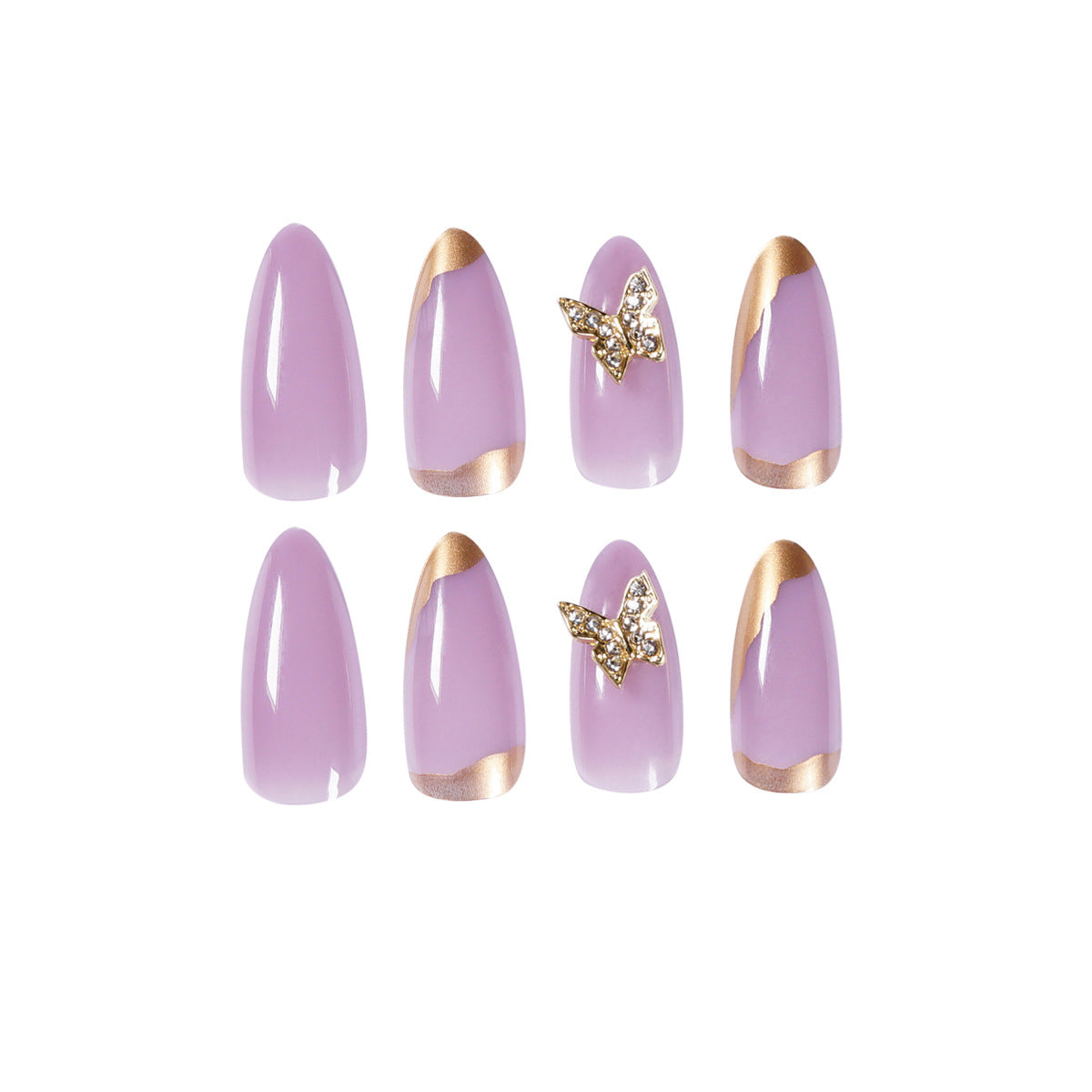 StarNagel Stiletto Nägel mit lila und goldenen Rändern sowie 3D-Schmetterlingen