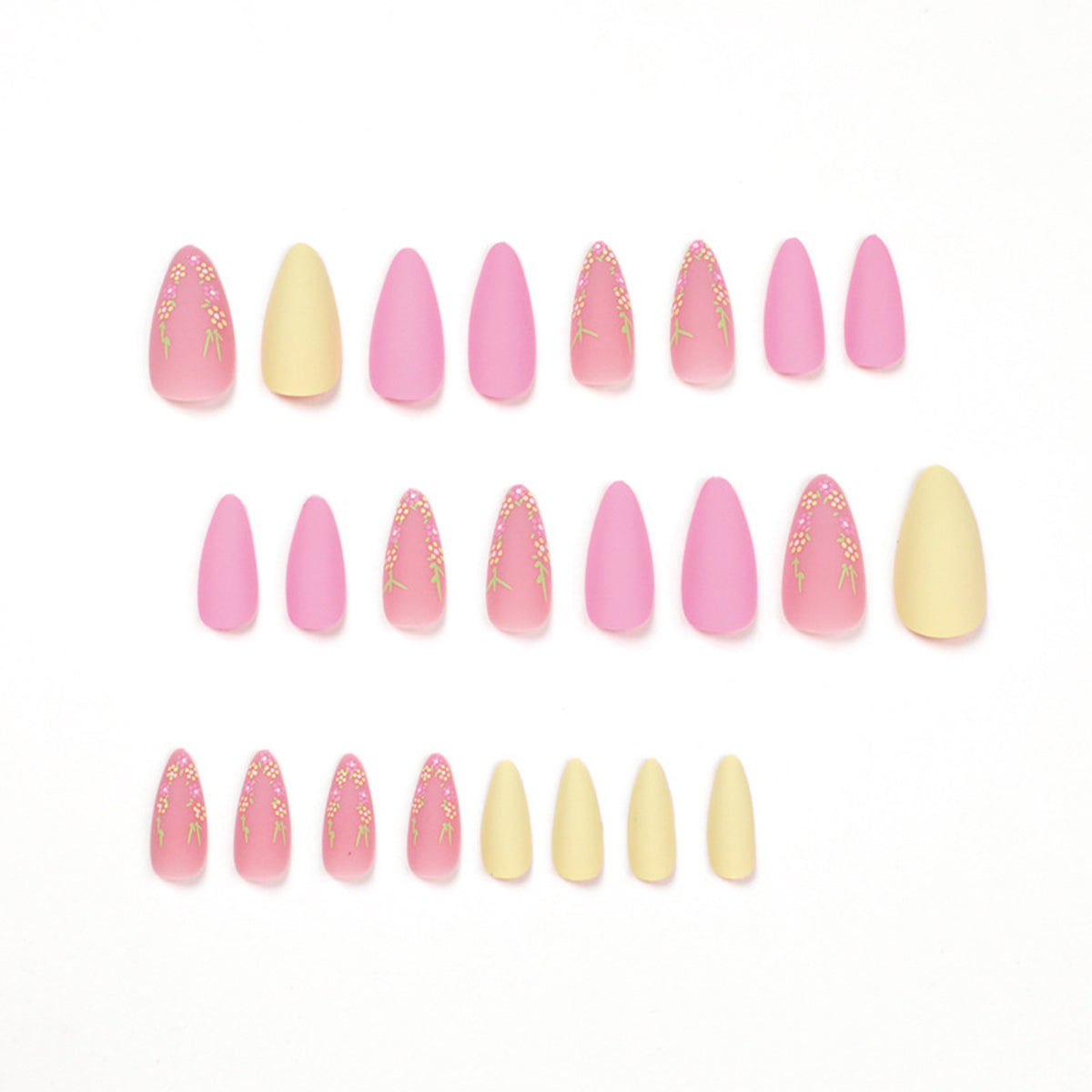 StarNagel Stiletto Nägel in Gelb und Rosa mit Bunten Blumen und Grünen Blättern