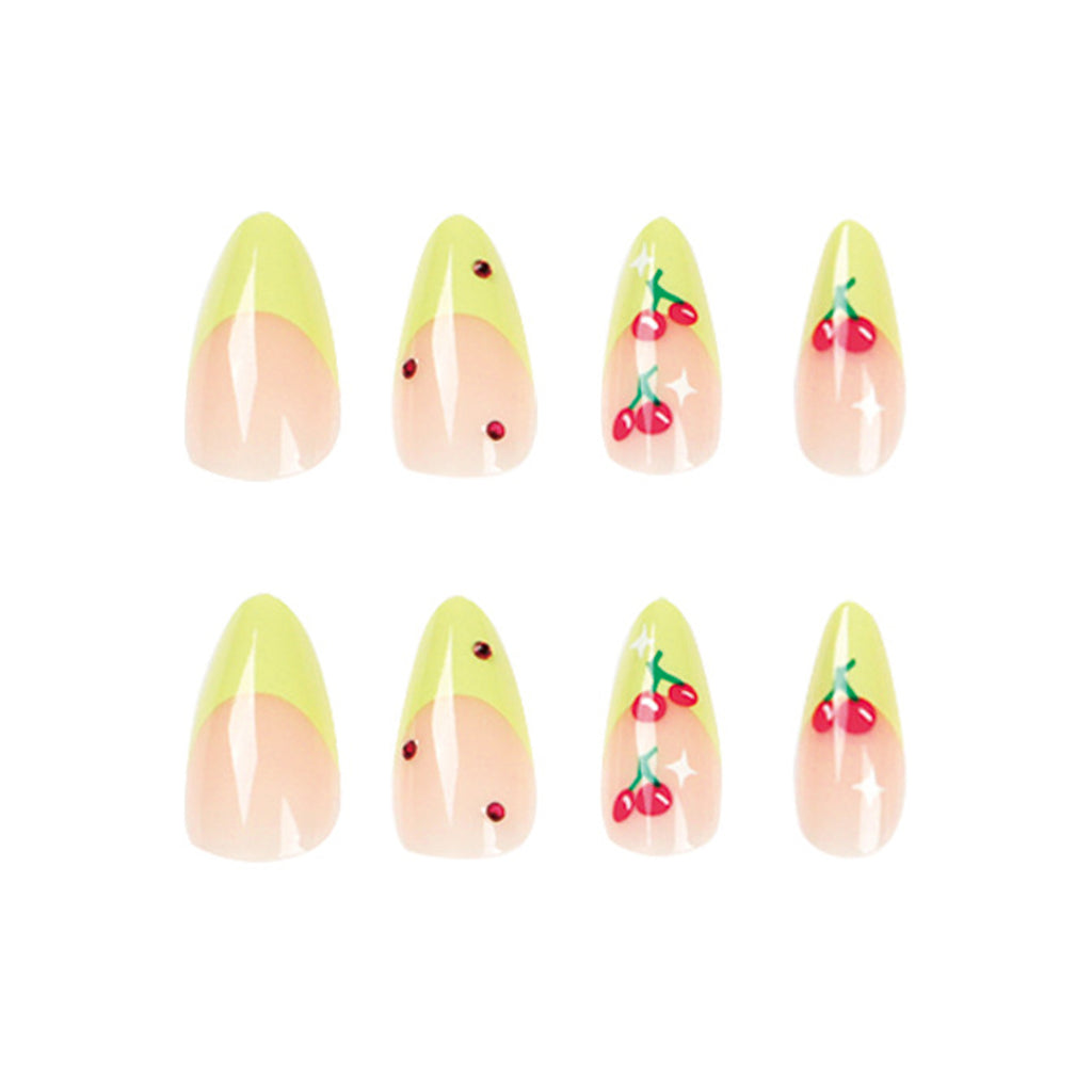 StarNagel Stiletto Nägel mit Grünem French, Roten Strasssteinen und Kirschen