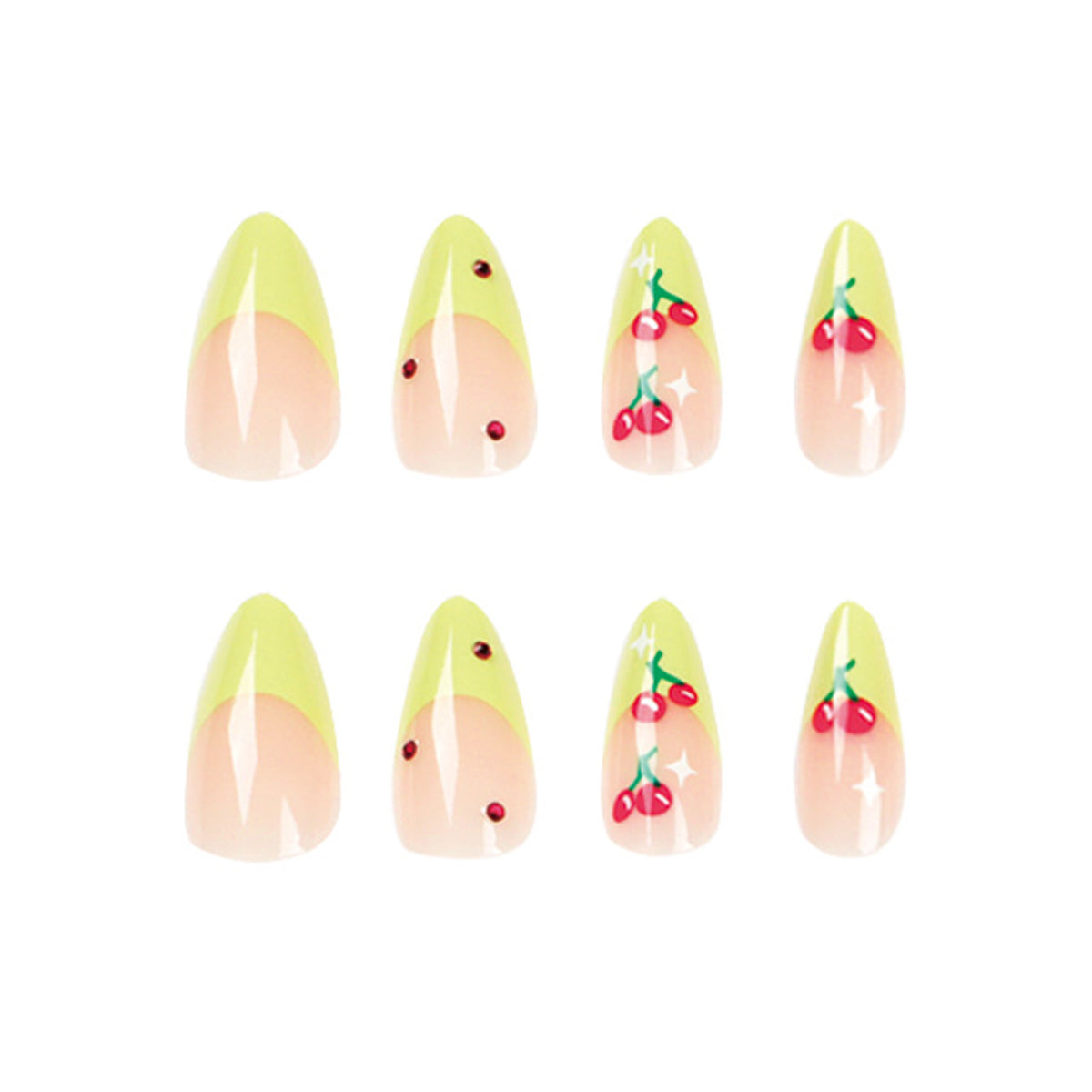 StarNagel Stiletto Nägel mit Grünem French, Roten Strasssteinen und Kirschen