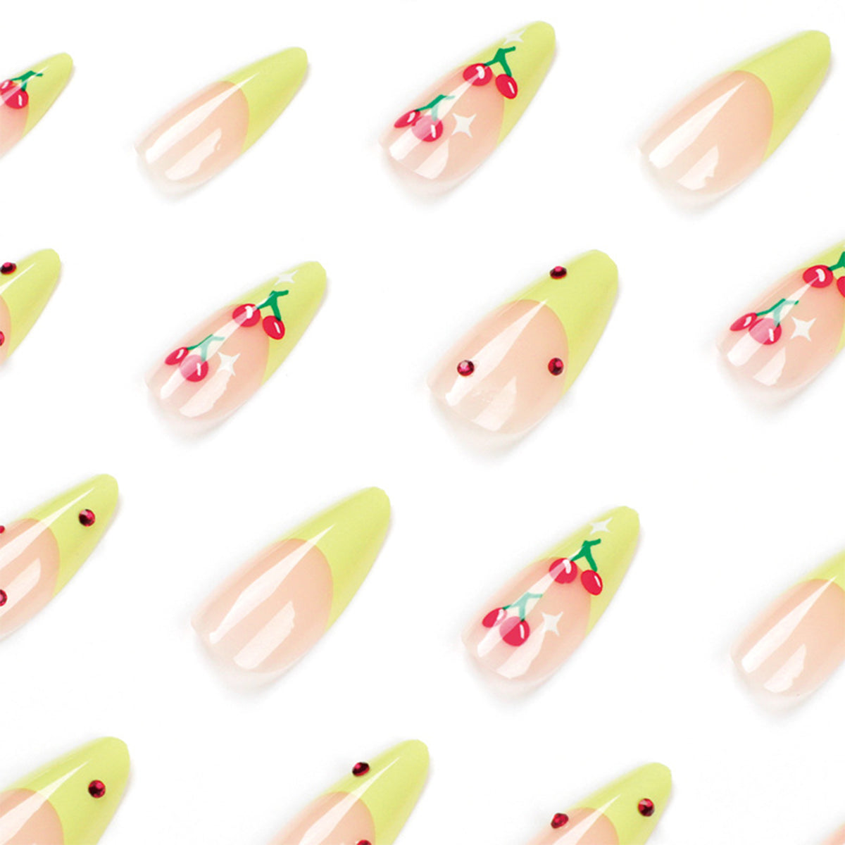 StarNagel Stiletto Nägel mit Grünem French, Roten Strasssteinen und Kirschen
