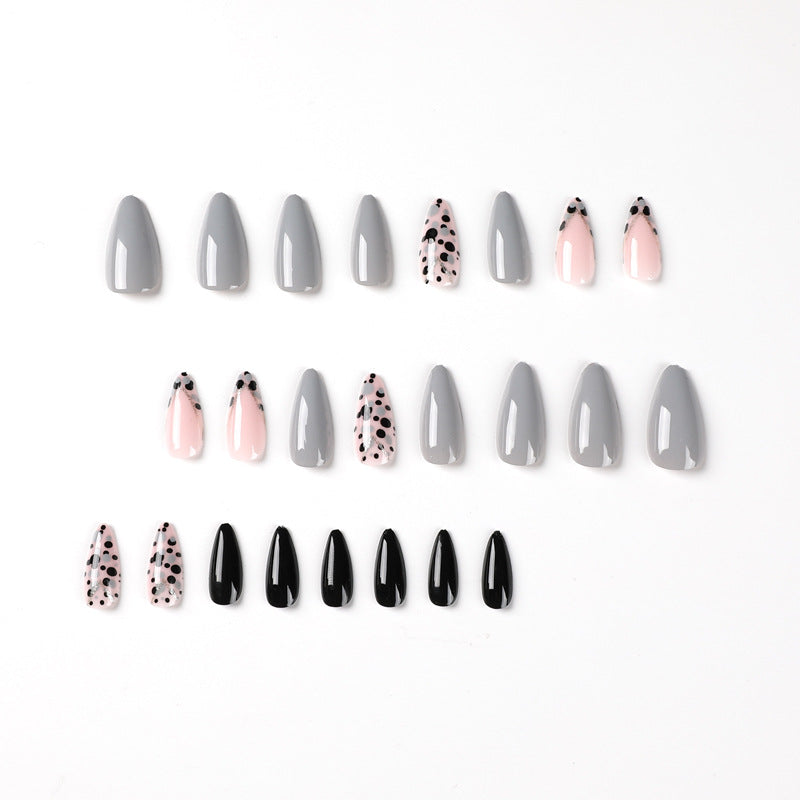 StarNagel Stiletto Nägel in Grau-Schwarz mit Gepunktetem French und Goldlinien