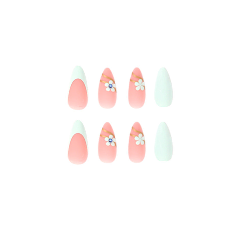 StarNagel Stiletto Nägel in Grünem French mit Mattem Finish, Kleinen Blumen und Blauen Strasssteinen