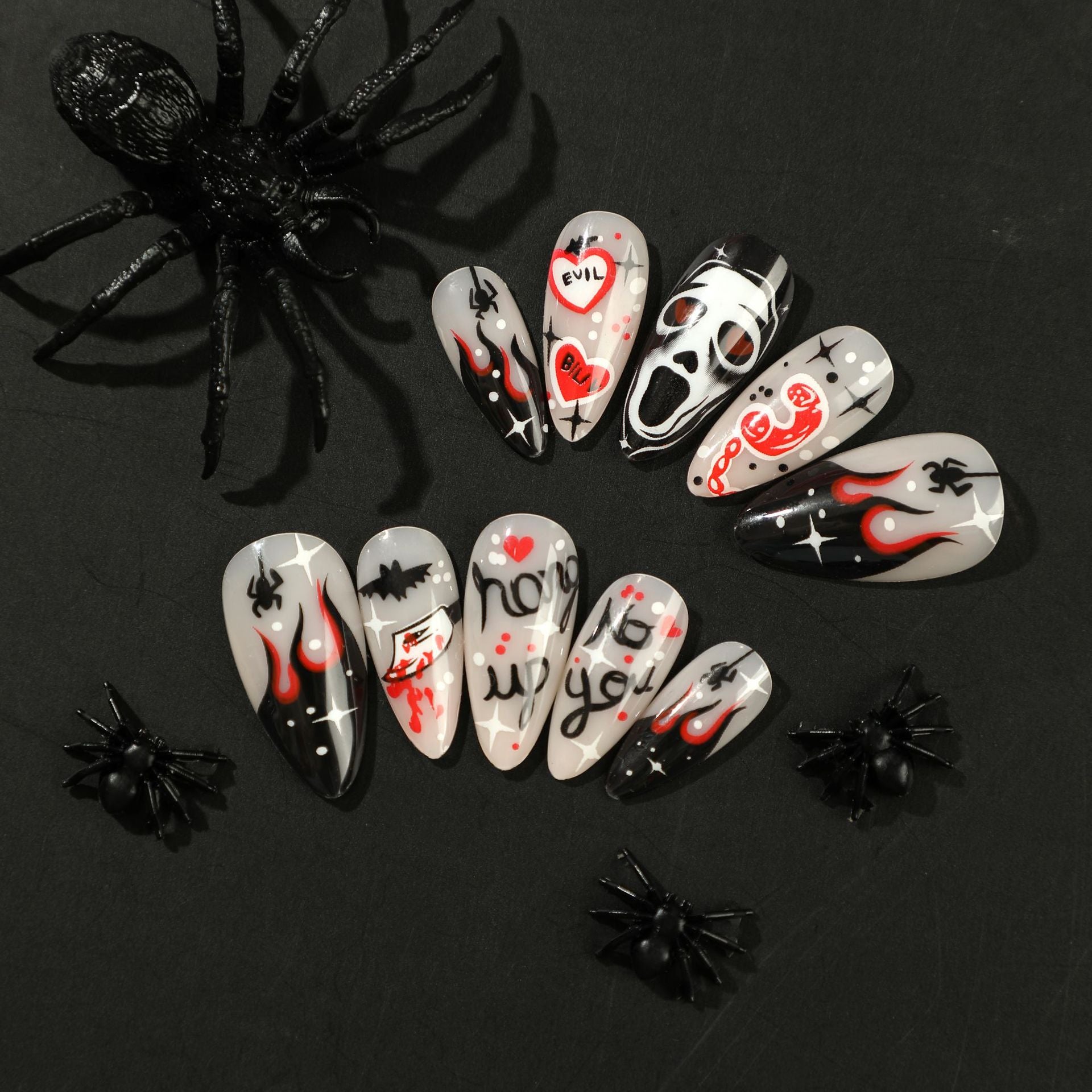 StarNagel Stiletto Nägel in Schwarz mit Flammen French und Schwarzen Spinnen für Halloween