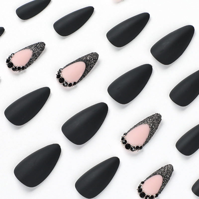 StarNagel Stiletto Nägel in Schwarz und Pink mit Schwarzem French, Strasssteinen und Matt Finish
