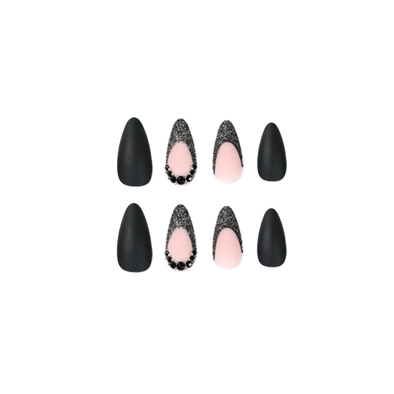 StarNagel Stiletto Nägel in Schwarz und Pink mit Schwarzem French, Strasssteinen und Matt Finish