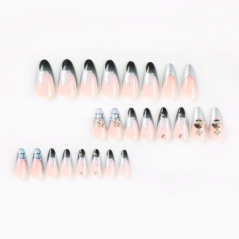 StarNagel Stiletto Nägel mit French in Silberglitzer, Sternen und Strasssteinen